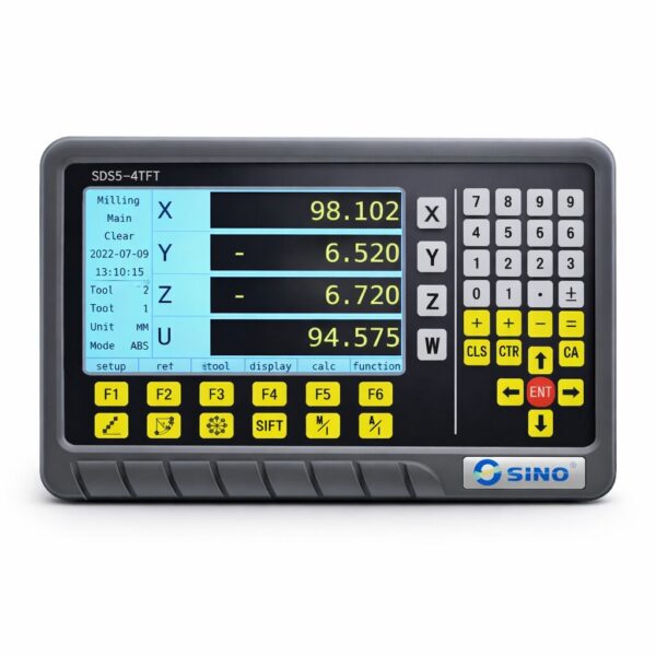 SINO SDS5-4TFT 4-Achsen-Positionsanzeige frontal dargestellt mit farbigem TFT-Display und Funktionstastatur für Fräsmaschinen