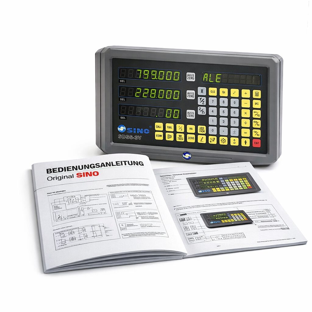 Original SINO SDS6-3V digitale Positionsanzeige mit gedruckter Bedienungsanleitung auf weißem Hintergrund