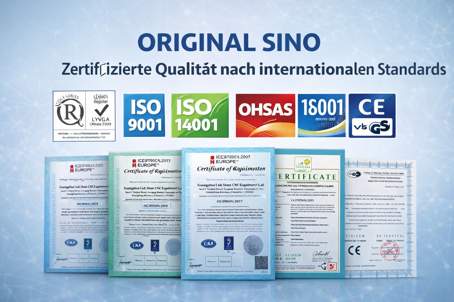 ORIGINAL SINO Zertifikate ISO 9001, ISO 14001, OHSAS 18001 sowie CE- und GS-Zertifizierung für Positionsanzeigen und Glasmaßstäbe nach internationalen Qualitätsstandards