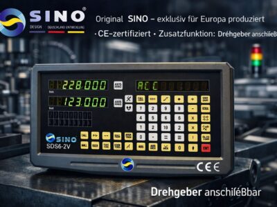 SINO SDS6-2V Digitalanzeige im Industrielook, exklusiv für Europa produziert, CE-zertifiziert, mit zusätzlicher Drehgeber-Anschlussfunktion zur präzisen Winkelanzeige an Rundtischen und Teilapparaten.