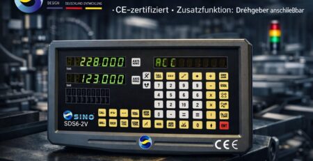 SINO SDS6-2V Digitalanzeige im Industrielook, exklusiv für Europa produziert, CE-zertifiziert, mit zusätzlicher Drehgeber-Anschlussfunktion zur präzisen Winkelanzeige an Rundtischen und Teilapparaten.