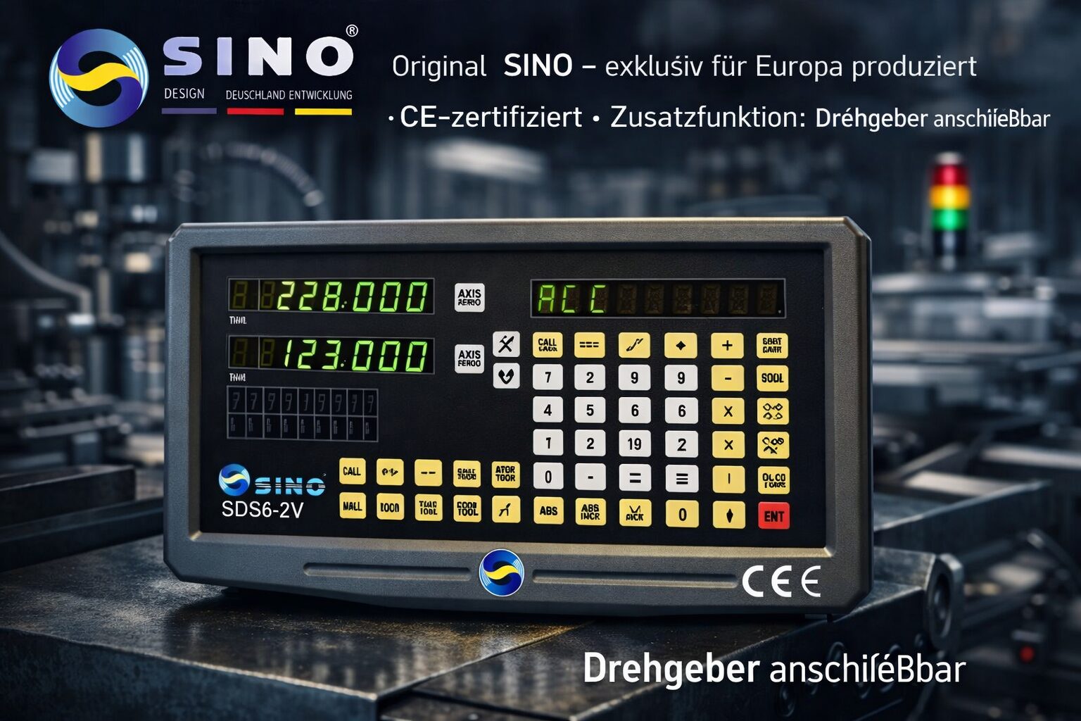 SINO SDS6-2V Digitalanzeige im Industrielook, exklusiv für Europa produziert, CE-zertifiziert, mit zusätzlicher Drehgeber-Anschlussfunktion zur präzisen Winkelanzeige an Rundtischen und Teilapparaten.