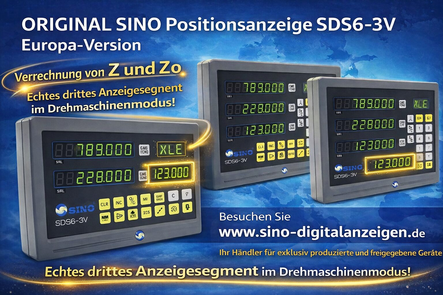ORIGINAL SINO Positionsanzeige SDS6-3V Europa-Version mit echtem drittem Anzeigesegment und Verrechnung von Z und Z0 im Drehmaschinenmodus